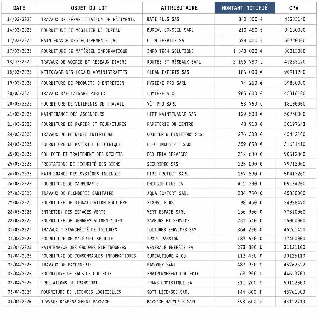 Exemple de tableau dense : dates, objets de lot, attributaires, montants notifiés et codes CPV alignés en colonnes.